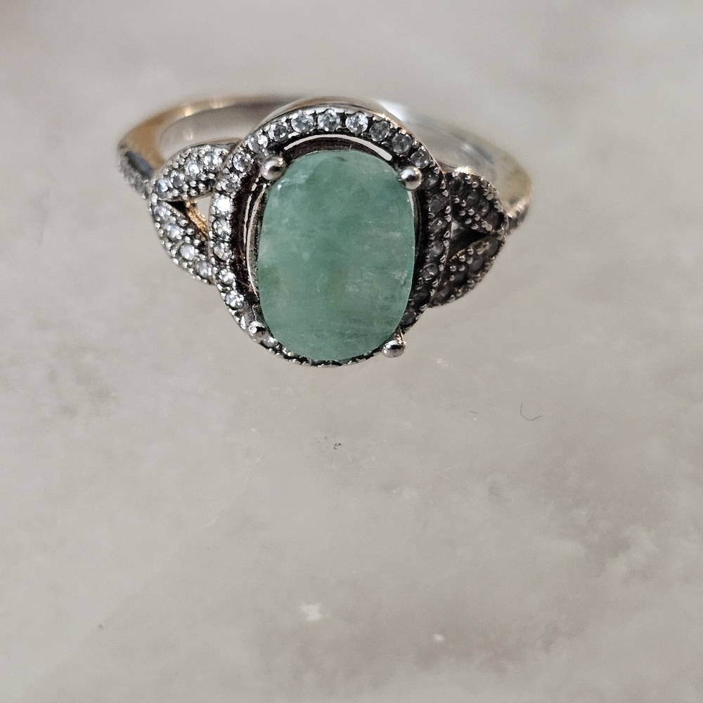Raw Emerald and CZ Sterling Silver Ring Size 7